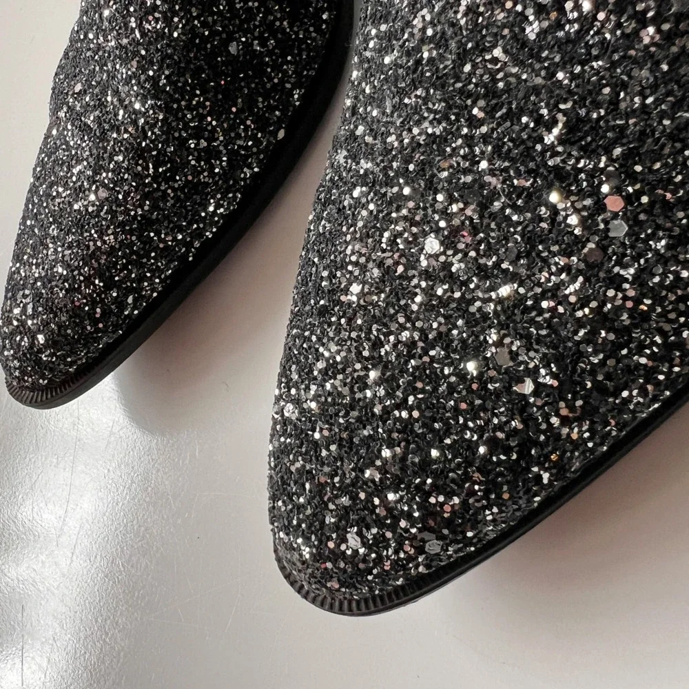 Glitter Chelsea Ankle Boots Sparkly Pointed Toe Rocker Glam Black Silver 9 Women